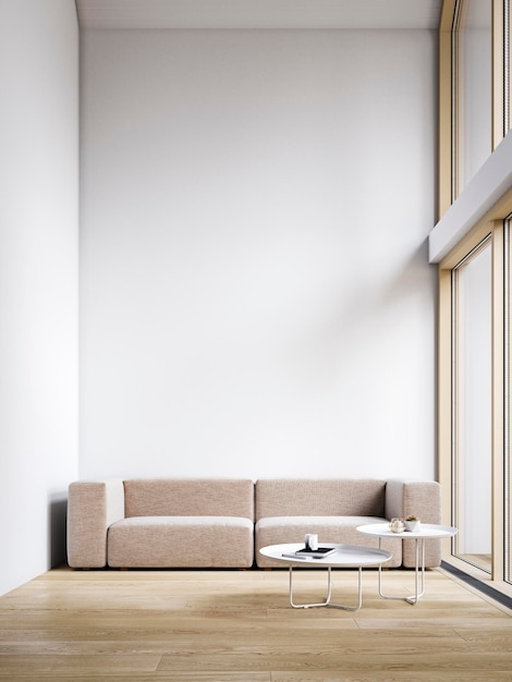 Scandinavian minimalistic white interior with sofa coffee table