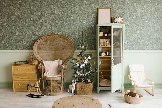 Scandinavian mint Christmas interior with decorated Christmas tree in children's room Wardrobe