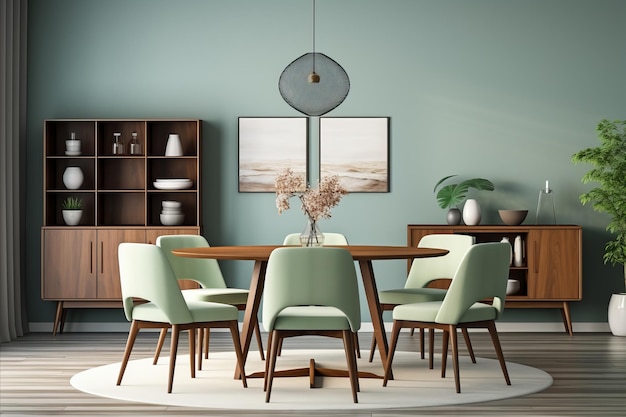 Scandinavian mint color chairs at round wooden dining table in modern living room