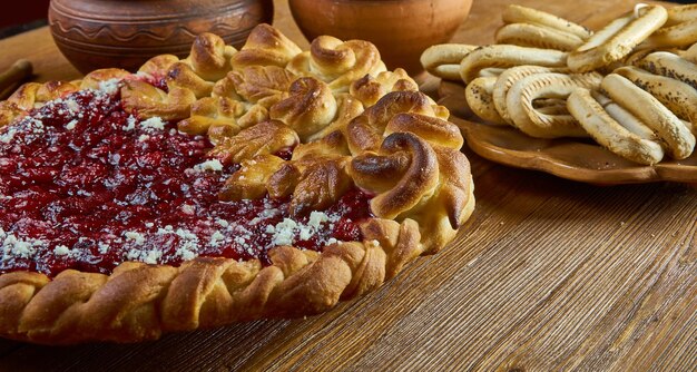 Scandinavian pie with raspberries Homemade traditional pastries