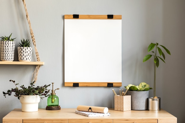 Scandinavian room interior with photo frame on the bamboo table with beautiful plants in differents hipster and design pots