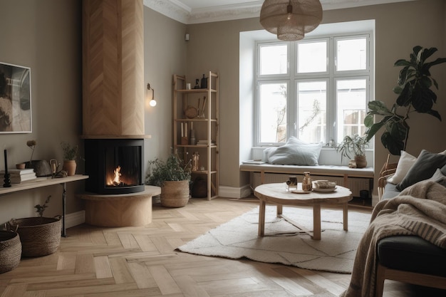 Scandinavian Style Fireplace With Simple Design Natural Materials And Cozy Accessories Generative AI