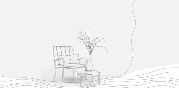 Photo scandinavian style furniture with a vase with plant and a continuous one line drawing doodle modern illustration scandinavian doodle furniture