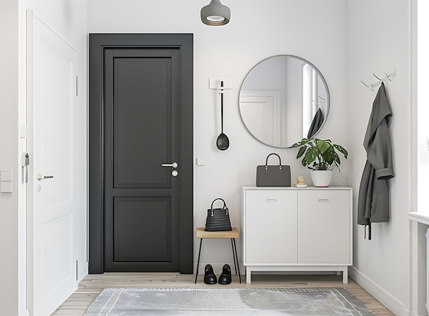 Scandinavian style interior of the entrance hall with a shoe cabinet coat rack and mirror on the white wall