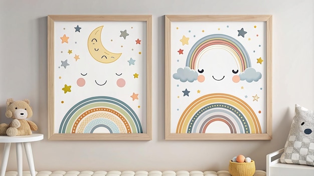 Photo scandinavian style kids room decoration cute hand drawn moon and rainbow nursery wall art for baby boy and baby girl vector twin illustration set ideal for cards invitations poste