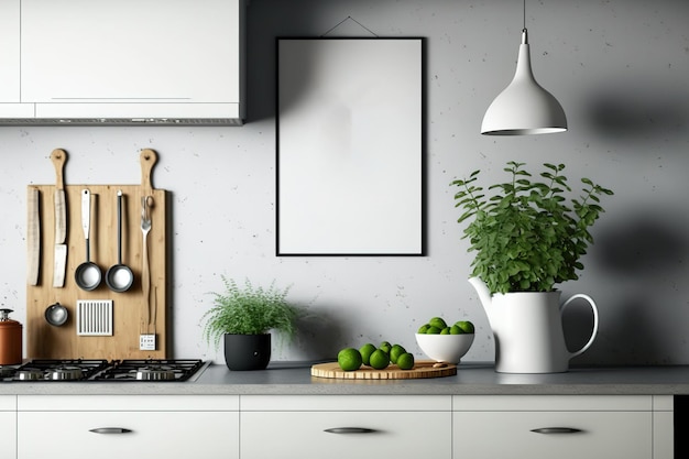 Scandinavian style kitchen background with mock up poster frame