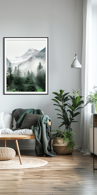 A Scandinavian style living room featuring a framed mountain landscape art print on the wall with a cozy sofa blankets and lush green plants adding warmth and nature to the minimalist interior