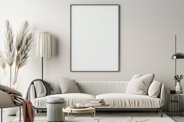 Scandinavian style living room with poster mockup created with generative ai