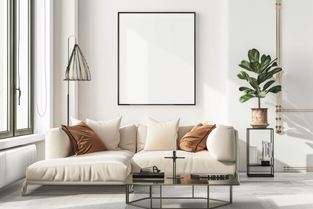 Scandinavian style living room with poster mockup created with generative ai