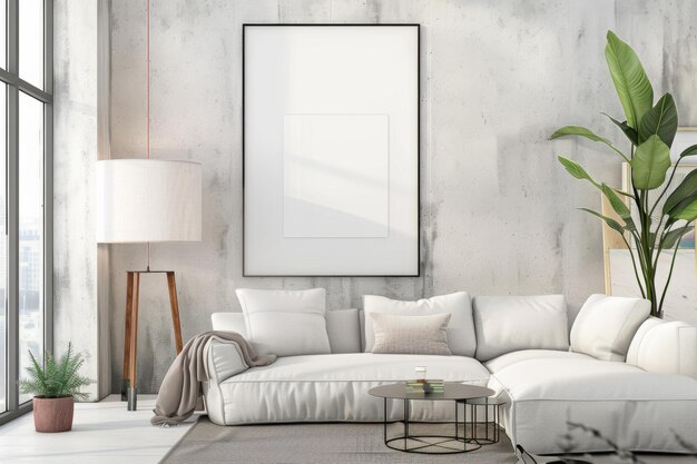 Scandinavian style living room with poster mockup created with generative ai