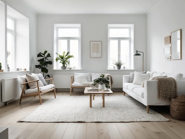 A Scandinavian style living room with white walls light wood flooring simple modern furniture