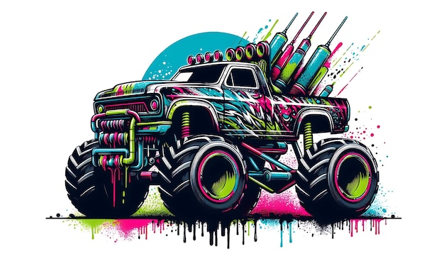 Scandinavian Style Monster truck with Neon Colors and Toxic Splashes Vector Art on White Background