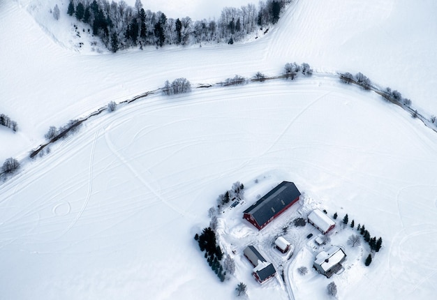 Above of Scandinavian village on snow field in winter at Lofoten Islands