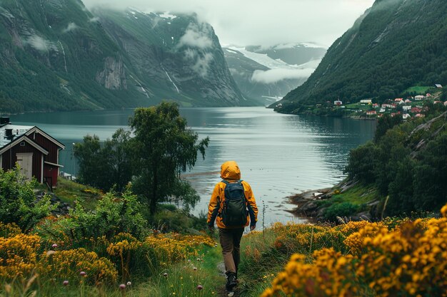 Photo scandinavian walking through a norwegian fjord landscape