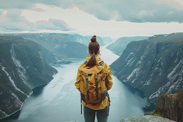 Photo scandinavian woman in hiking gear standing on a cliff with a breathtaking fjord view