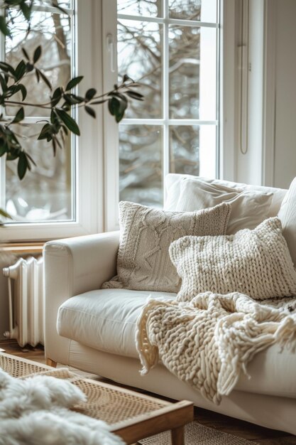 Photo scandinavianinspired home interior featuring a cozy modern living room with a white sofa adorned