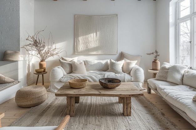 ScandinavianInspired Living Room Light wood furniture white walls and cozy textiles Minimal decor with a focus on comfort and simplicity