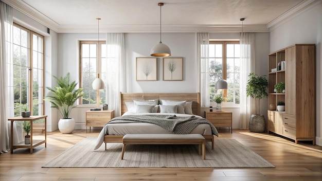 Scandinavianinspired master bedroom with minimalist furniture spacious layout and cozy ambiance