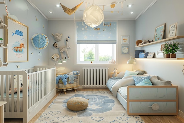 Scandinavianstyle baby bedroom with DIY blue kites and a cozy futon