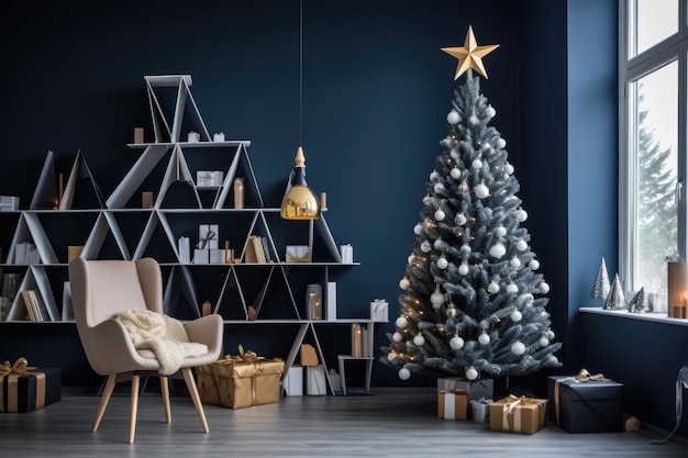 A Scandinavianstyle Christmas tree decorates the interior reflecting minimalism The room features a