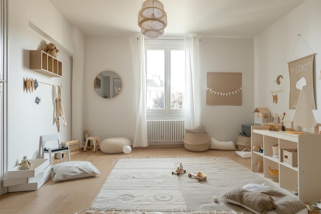 Scandinavianstyle playroom emphasizing simplicity functionality sleek decor wooden toys