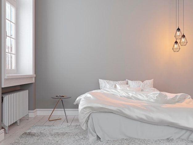 Scandinavin loft gray empty bedroom interior with bed, table and lamp. 3d render illustration .