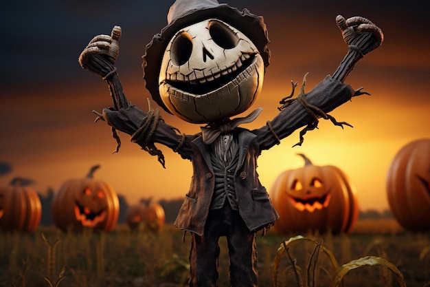 Scarecrow in Halloween with pumpkins in a field