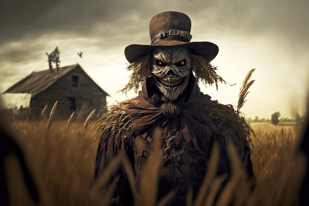 Scarecrow of nightmares in cloak and hat stands in field