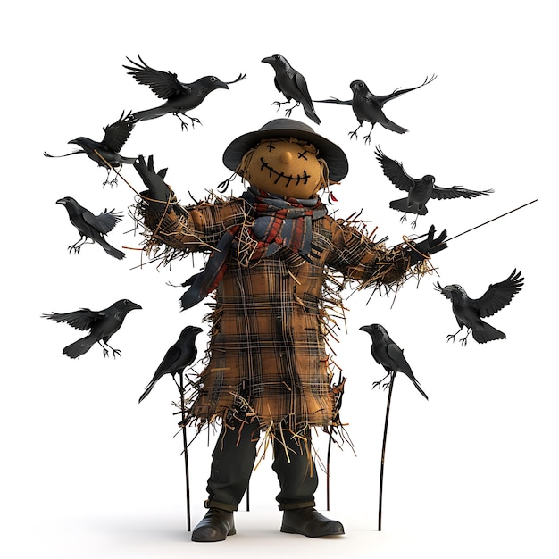 Scarecrow surrounded by crows