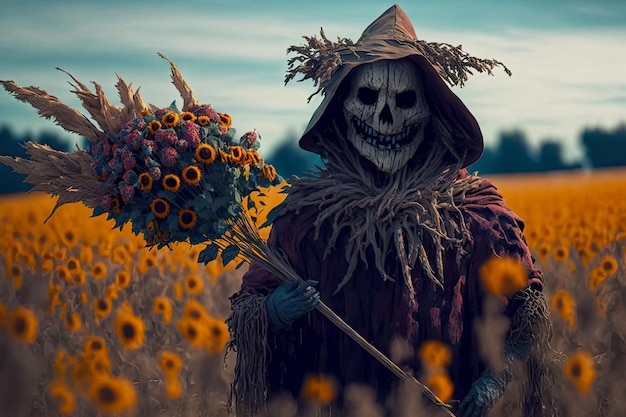 Scarecrow with broom in field with flowers and rowan and wreath on his head