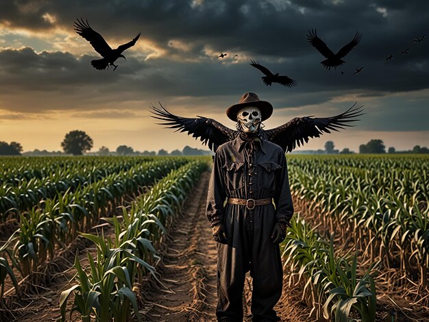 A Scarecrow with a Face Mask Stands in a Cornfield