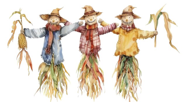 Photo scarecrows among corn stalks isolated on white background watercolor aig56