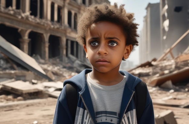 Scared little AfricanAmerican boy on light background against the backdrop of a destroyed city