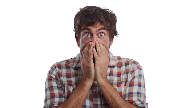 Photo scared man covering his mouth with his hand on transparent background