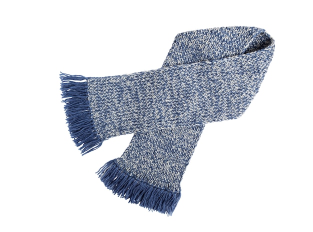 Scarf knitted handwork with fringe on white background. Colorful woolen scarf.