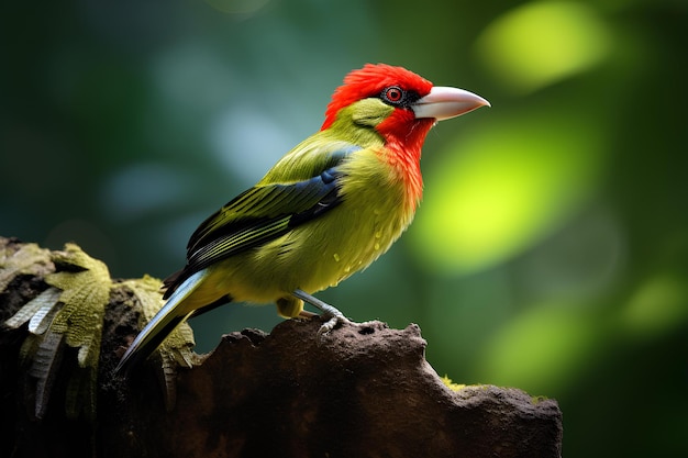 Scarlet crowned barbet in natural forest environment