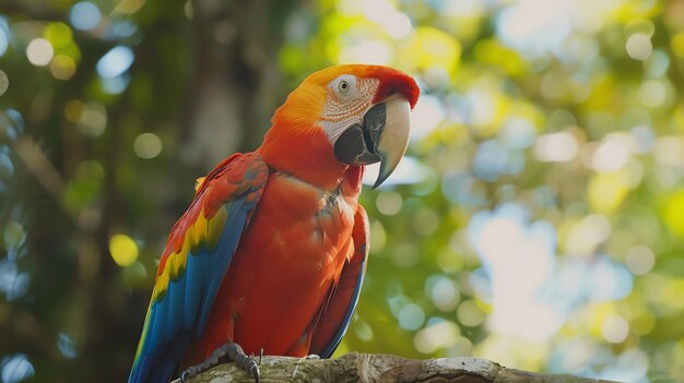 A scarlet macaw parrot perched on a branch with a blurred green background