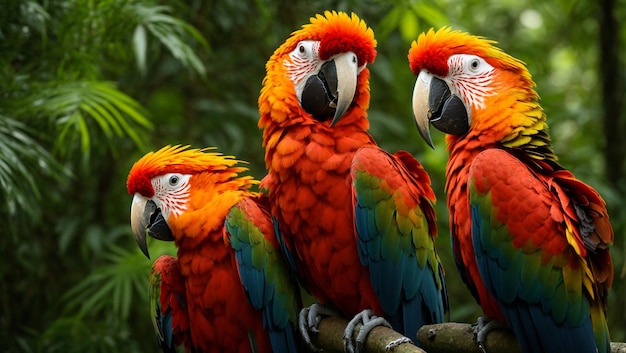 Photo scarlet macaw in a portrait that highlights every detail of its magnificent feathers