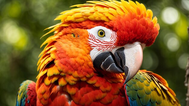 Photo scarlet macaw in a portrait that highlights every detail of its magnificent feathers