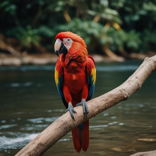 Scarlet Macaw Sitting beside a river