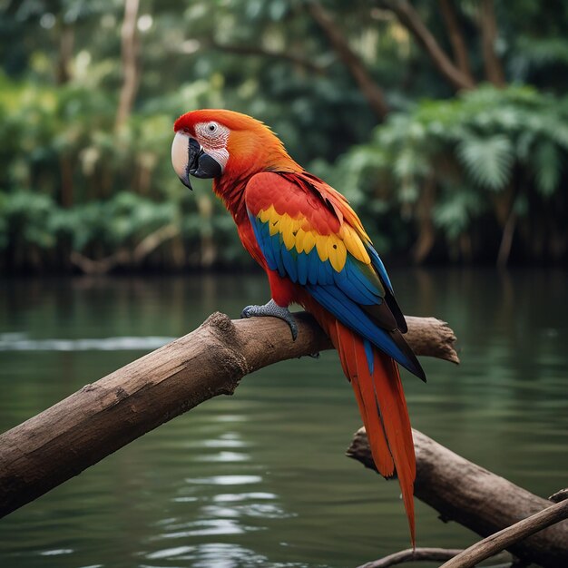 Scarlet Macaw Sitting beside a river