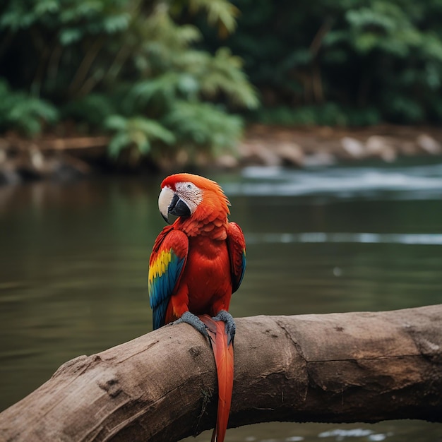 Scarlet Macaw Sitting beside a river