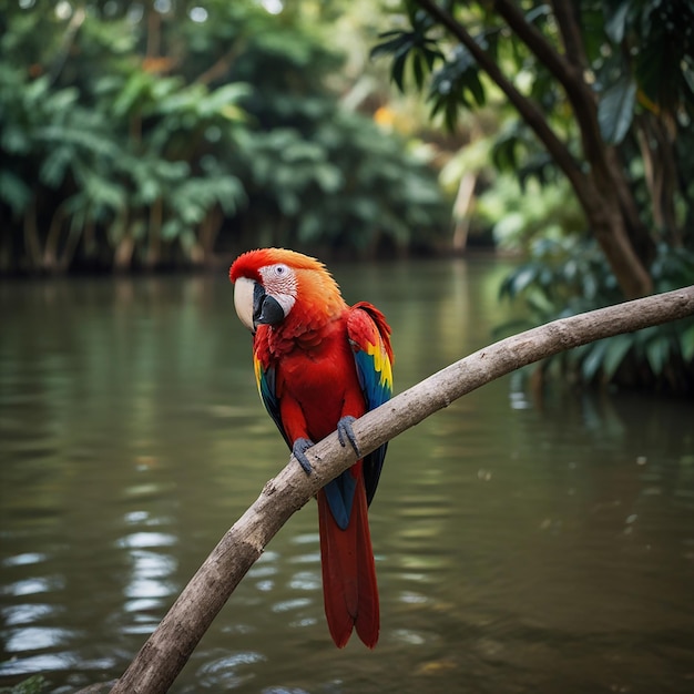 Scarlet Macaw Sitting beside a river