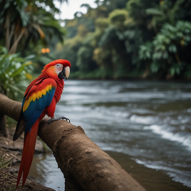 Scarlet Macaw Sitting beside a river