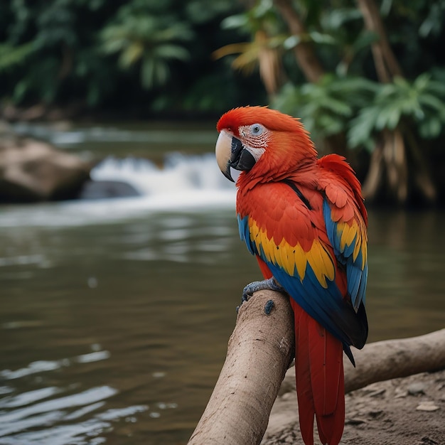 Scarlet Macaw Sitting beside a river