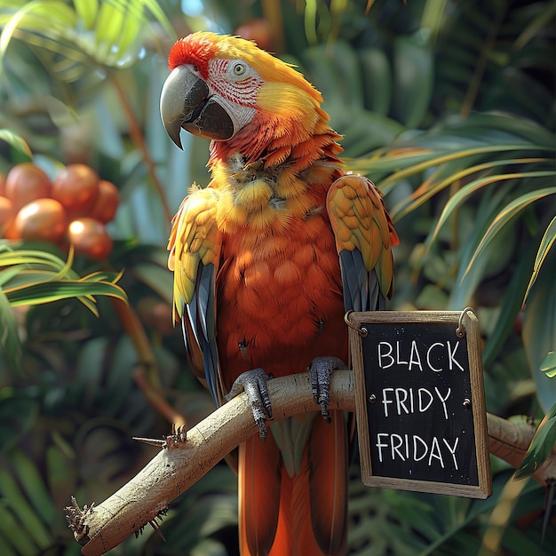 Photo scarlet macaw with black friday sign