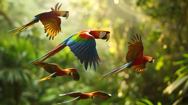 Photo scarlet macaws in flight through a lush rainforest