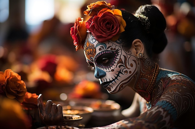 scary background Festive Day of the Dead amber and black vibe selective focus oldworld charm