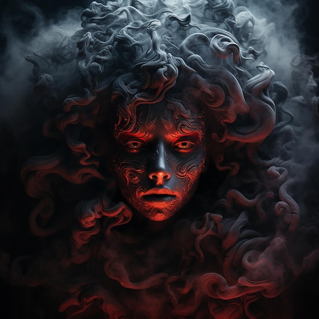 Scary background for halloween on black contours evil mythical creature medusa gorgon in smoke