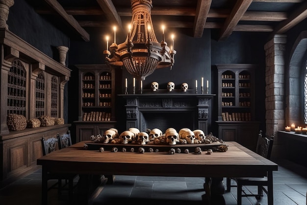 Scary backgrounds for Halloween Dark background at mystical interior of medieval castle room with wooden table with skulls and bones against an ancient stone wall with door Copy space text place